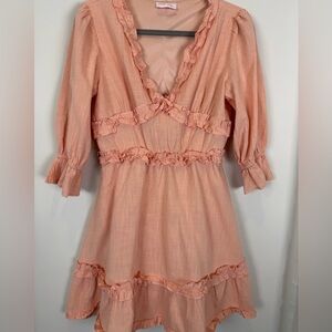 Pink Lily Peach Ruffle Cutout Mini Dress Long Sleeve Cottagecore Size Medium